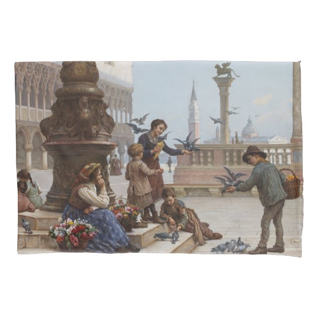 Kinder, die Tauben in Venedig Gefüttert haben (von Kissenbezug (Vorderseite-Links)