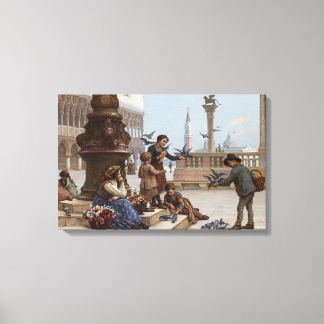 Kinder, die Tauben in Venedig Gefüttert haben (von Leinwanddruck (Vorderseite)
