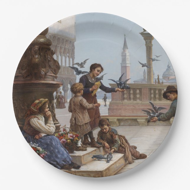 Kinder, die Tauben in Venedig Gefüttert haben (von Pappteller (Vorderseite)