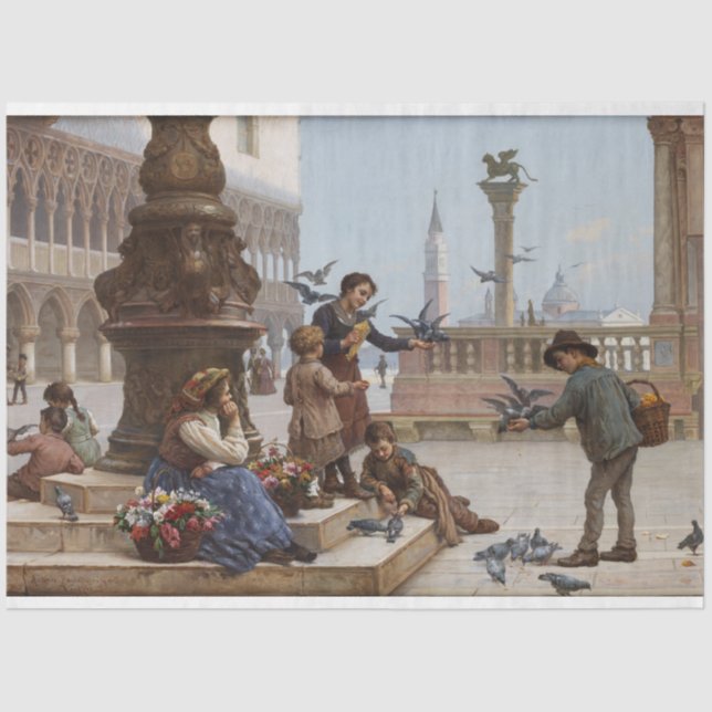 Kinder, die Tauben in Venedig Gefüttert haben (von Seidenpapier (Vorderseite)