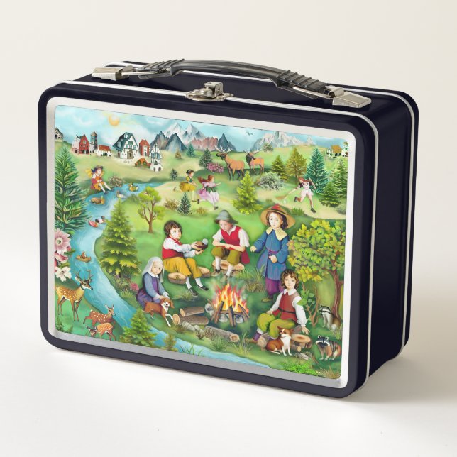 Kinder, die um ein Campfeuer sitzen Metall Brotdose (Vorderseite)