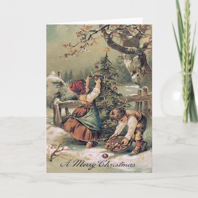 Kinder, die Weihnachtsschnee dekorieren Feiertagskarte (Vorderseite)