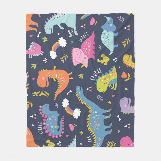 Kinder Dinosaurier: Farbenfrohe Vintage Muster Fleecedecke (Vorderseite)