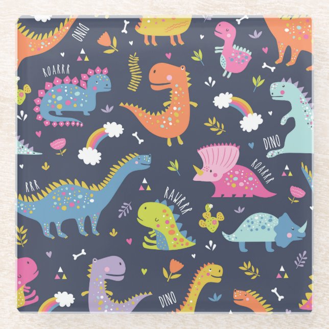 Kinder Dinosaurier: Farbenfrohe Vintage Muster Glasuntersetzer (Vorderseite)