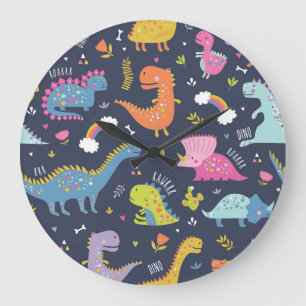 Kinder Dinosaurier: Farbenfrohe Vintage Muster Große Wanduhr