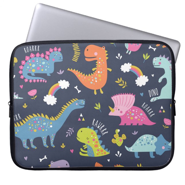 Kinder Dinosaurier: Farbenfrohe Vintage Muster Laptopschutzhülle (Vorderseite)