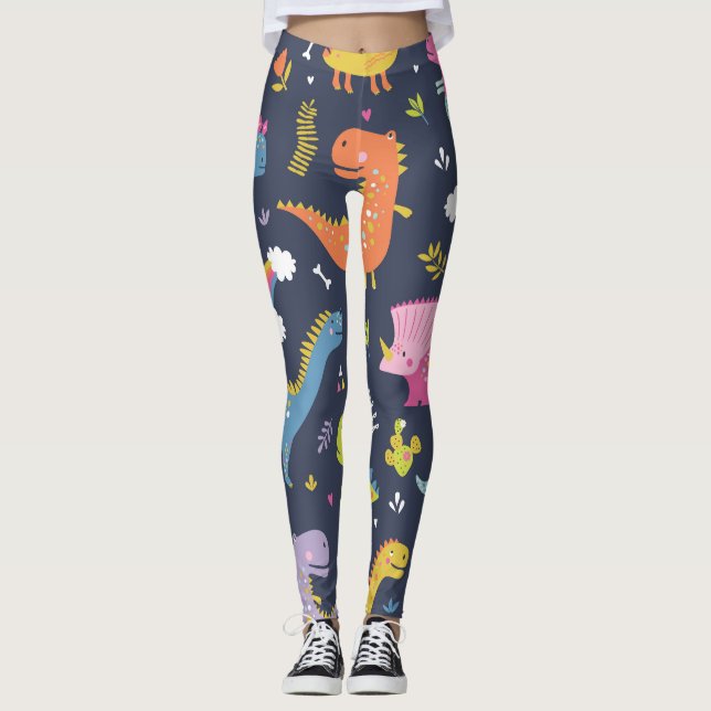 Kinder Dinosaurier: Farbenfrohe Vintage Muster Leggings (Vorderseite)
