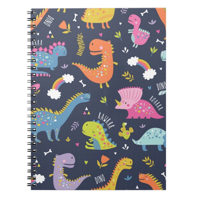Kinder Dinosaurier: Farbenfrohe Vintage Muster Notizblock (Vorderseite)