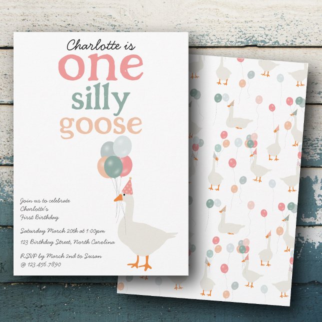 Kinder Ein Albernes Gänse 1. Niedliche Geburtstag  Einladung (Kids One Silly Goose 1st Cute Birthday Party Invitation)