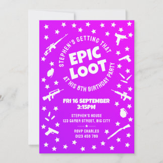 Kinder Epic Loot Lila Gamer Geburtstagsparty Einladung