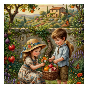 Kinder ernten Äpfel auf dem ländlichen Land G Poster