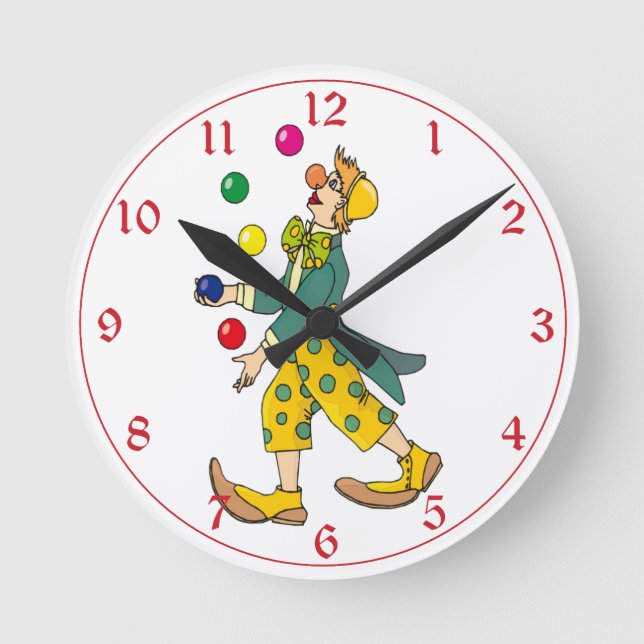 Kinder farbiger Zirkus Clown Juggler Polka Dots Runde Wanduhr (Vorderseite)