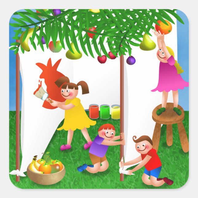 Kinder feiern das jüdische Fest von Sukkot Quadratischer Aufkleber (Vorderseite)