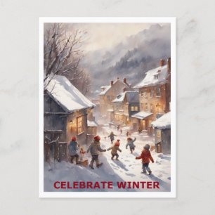 Kinder feiern Winterschnee Postkarte