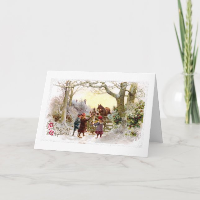 Kinder Fütternd Pferde Antike Weihnachten (Vorderseite)