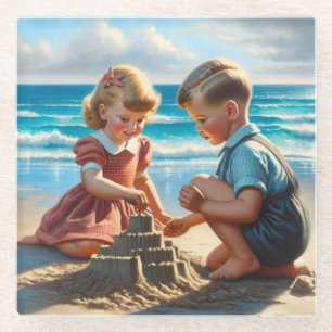 Kinder Gebäude einer Sandburg am Strand Glasuntersetzer