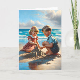 Kinder Gebäude einer Sandburg am Strand Karte
