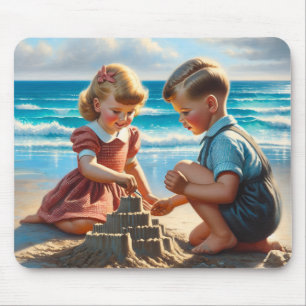 Kinder Gebäude einer Sandburg am Strand Mousepad