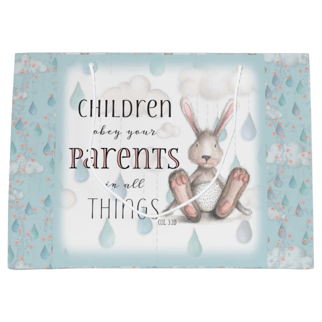 Kinder gehorchen Ihren Eltern - Spalte 3:20 - Blau Große Geschenktüte (Vorderseite)