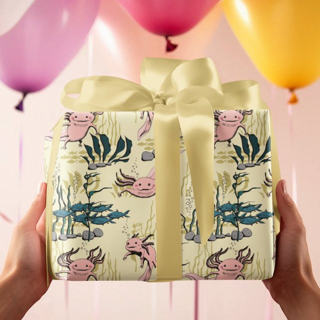 Kinder Gelb und Rosa Unterwasser Axolotl Zeichnend Geschenkpapier (Cute Axolotl Underwater Pattern with Hand Drawn Adorable Pink Axolotl and Fish on Yellow Background.)