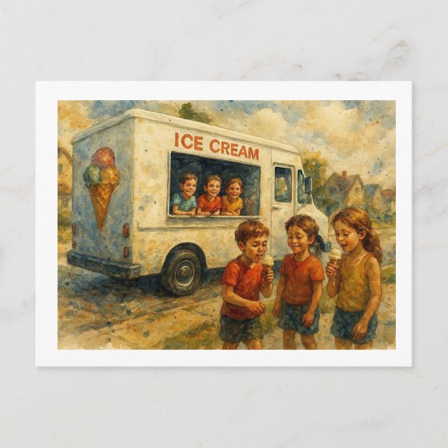 Kinder genießen Eiswagen,  Postkarte (Vorderseite)