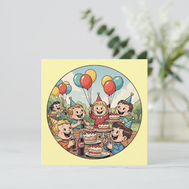 Kinder genießen ihre Kuchen, Sodas und Balloons Save The Date (Stehend Vorderseite)