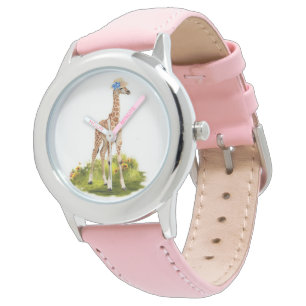 Kinder-Giraffe in blauem Blumenhut rosa Uhr