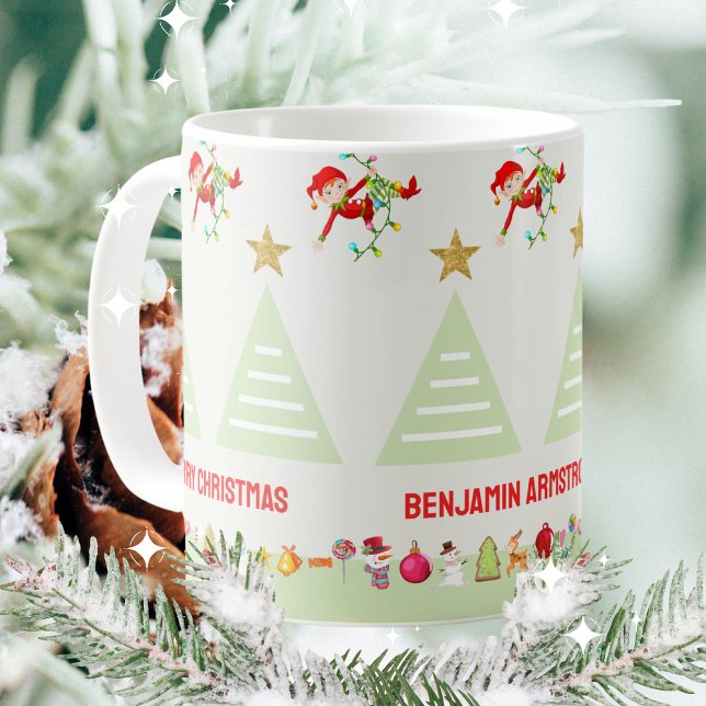 Kinder glücklich Elfs Weihnachtsbaum Gold Star Kaffeetasse (Kids Happy Elfs Christmas Tree Gold Star Coffee Mug ©Susanne Sachers - Sunny Mind 🌞)