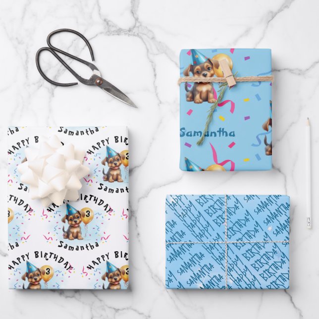 Kinder glücklich Geburtstag Welpenpackpapier Set 3 Geschenkpapier Set (Vorderseite)