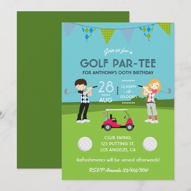 Kinder Golf Thema Geburtstagsparty individuell ang Einladung (Vorne/Hinten)