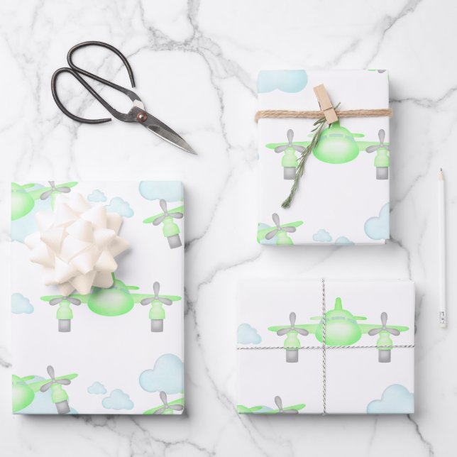 Kinder Grünes Flugzeug fliegen zum Geburtstag Geschenkpapier Set (Vorderseite)