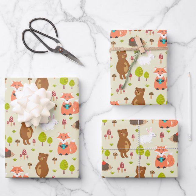 Kinder Guten Morgen Waldtiere Fox Bären Bunny Bunn Geschenkpapier Set (Vorderseite)