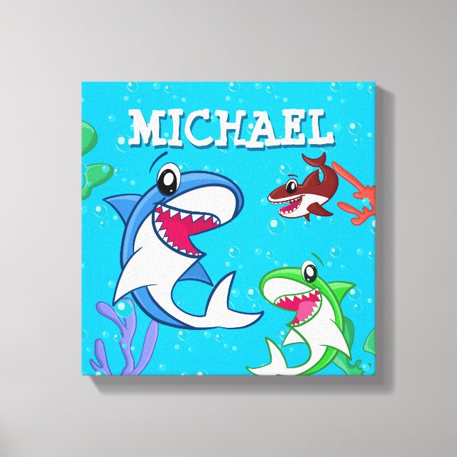 Kinder Hai Cartoon Unterwasser Blaues Meer Leinwanddruck (Vorderseite)