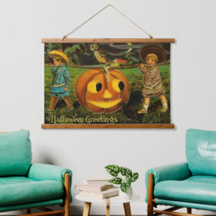 Kinder Halloween Kürbisernte Jack-o-Lantern Kürbis Wandteppich Mit Holzrahmen
