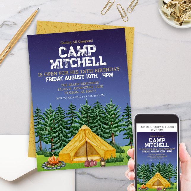 Kinder im Freien Waldlager zum Geburtstag Einladung (Kids Scouts Outdoor Adventure Campout Camping Birthday Party Invitation for Boys or Girls)