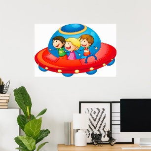 Kinder im UFO-Raumschiff-Weltraumabenteuer Poster