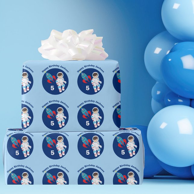 Kinder im Weltraum Astronaut Custom Blue Birthday Geschenkpapier (Von Creator hochgeladen)