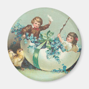 Kinder in einem floralen Eierschalenboot Vintage Magnet