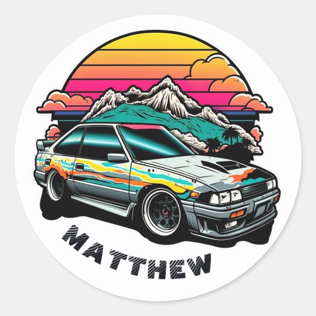 Kinder Junge Racer extreme Abenteuer. Japan Auto-J Runder Aufkleber (Vorderseite)