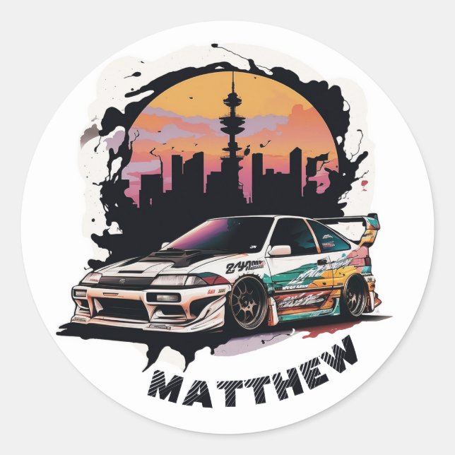 Kinder Junge Racer extreme Abenteuer. Japan Auto-J Runder Aufkleber (Vorderseite)