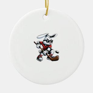 Kinder Jungen Fröhlicher Osterhase spielt Hockey O Keramik Ornament