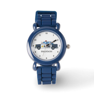 Kinder Jungen Polizeiauto Fahrzeug Blau Name Armbanduhr