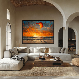 Kinder lassen Drachen bei Sonnenuntergang steigen  Poster