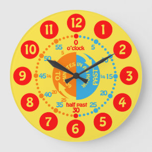 Kinder lernen, die Zeit der gelben, blauen Wanduhr