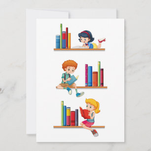 Kinder lesen Bücher auf einem Regal Einladung