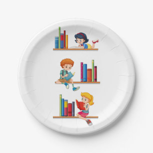 Kinder lesen Bücher auf einem Regal Pappteller