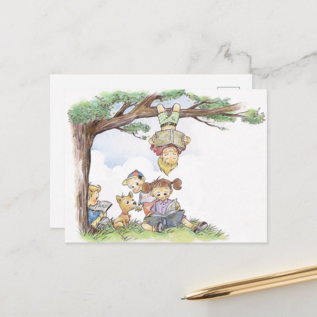 Kinder lesen unter einem Baum Postkarte (Vorderseite/Rückseite Beispiel)