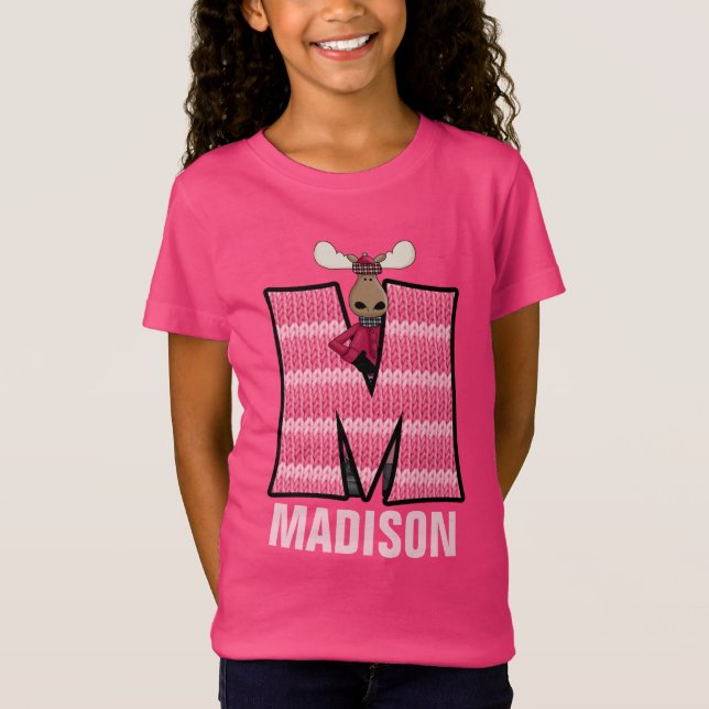 Kinder "M" Mit Monogramm | Rosa Strick Elch T-Shirt (Vorderseite)