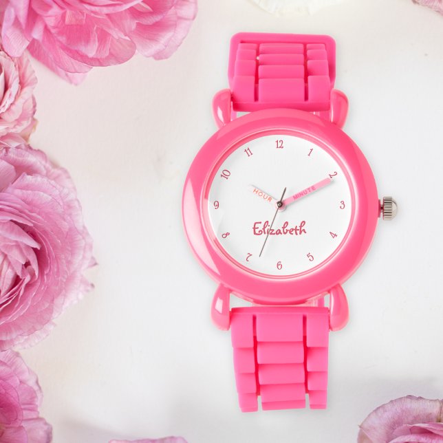 Kinder Mädchen Moderne Niedlich rosa Individuelle  Armbanduhr (Kids Girls Modern Cute Pink Custom Name Monogram Watch)