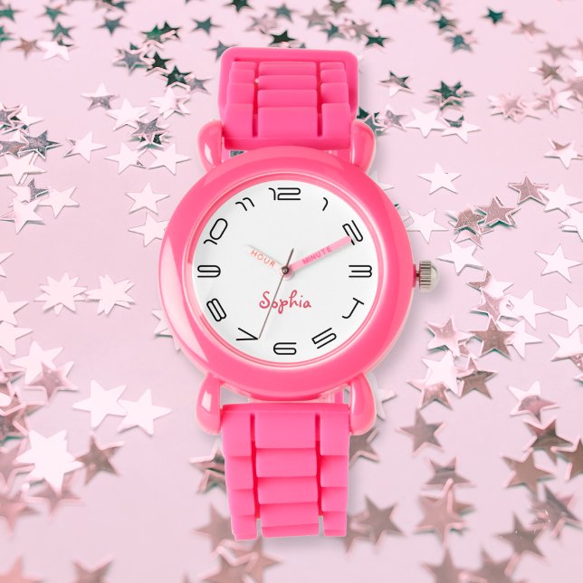 Kinder Mädchen Moderne rosa Individuelle Name Mono Armbanduhr (Kids Girls Modern Chic Pink Custom Name Monogram Watch)